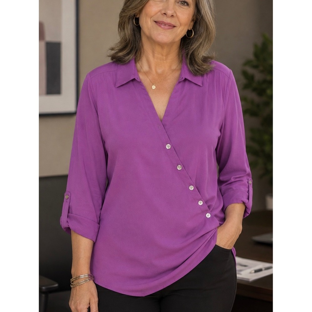 Soft Surroundings Purple Asymmetric Button Blouse Small 3/4 Roll Tab Sleeve Top